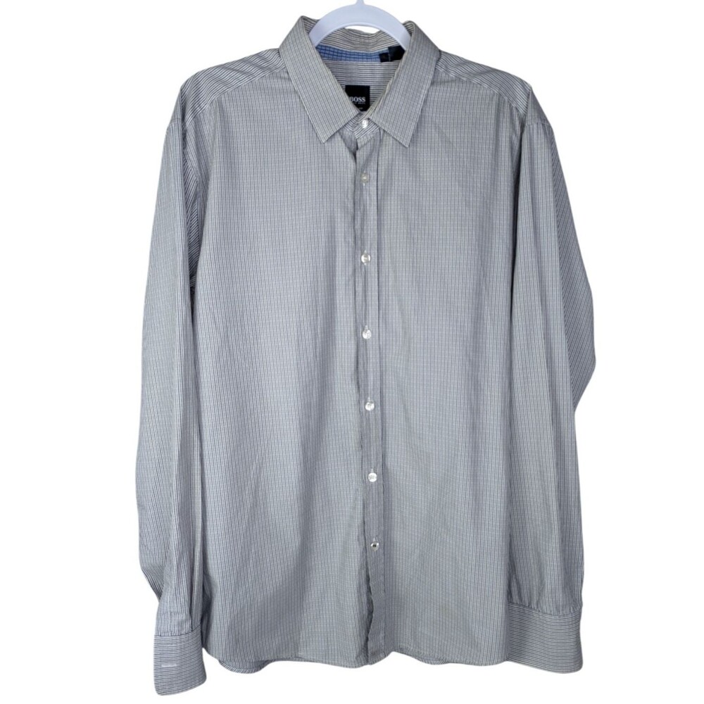 Hugo Boss Men's Button Up Slim Fit Blue Gray Strip Dress Shirt Size XL